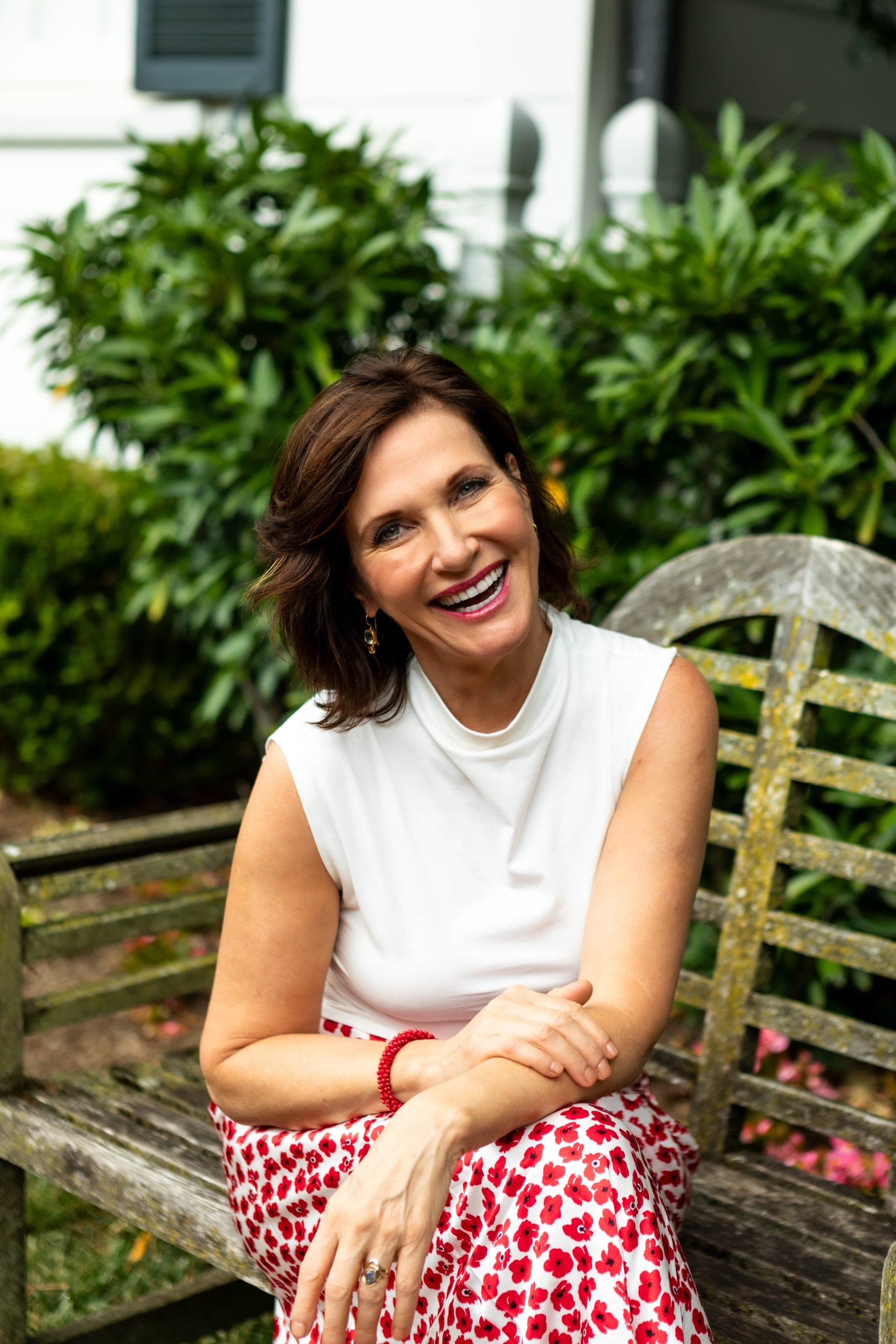 margie-white top-wooden bench outside