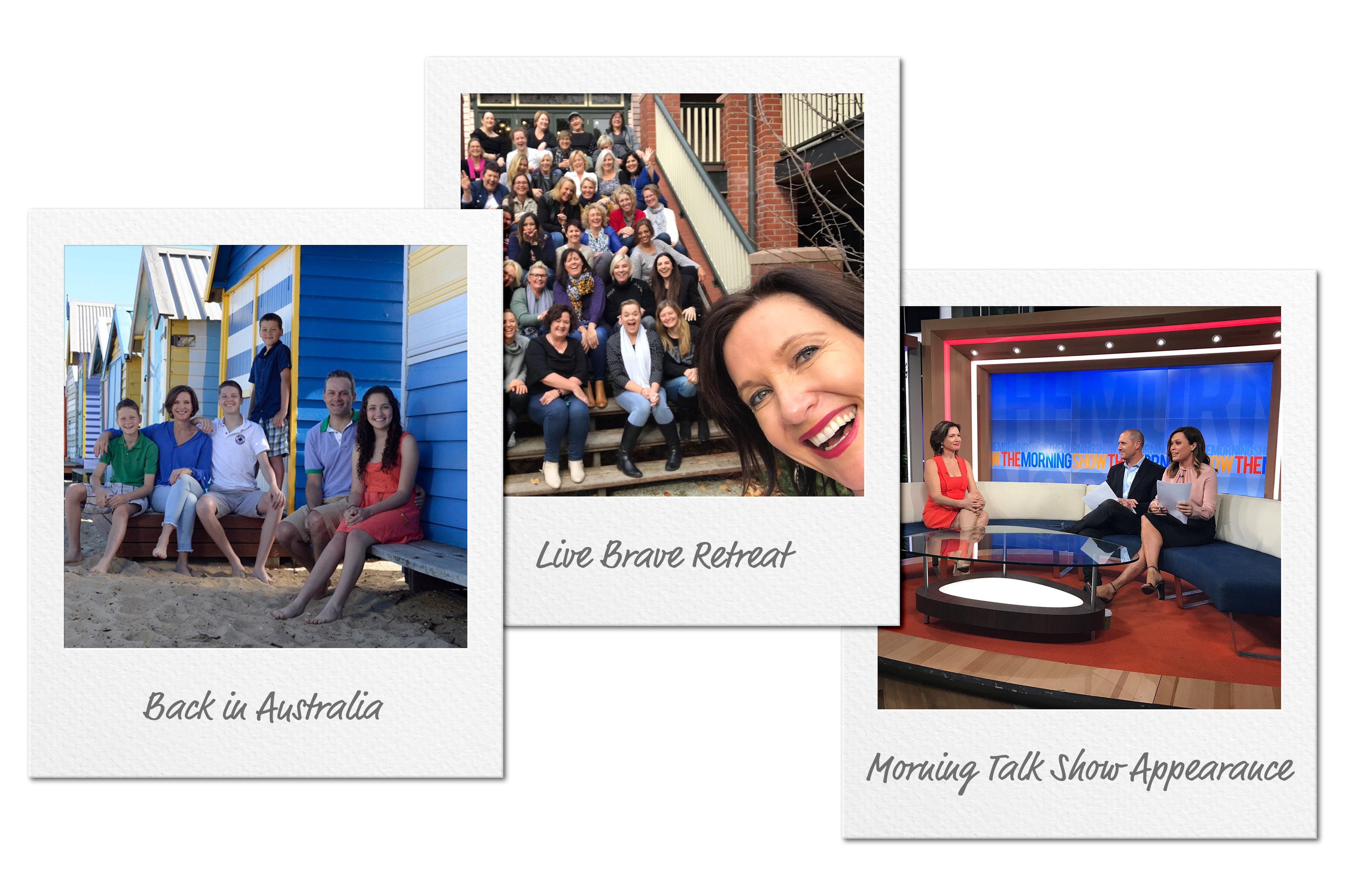 photo collage margie with family, margie live brave retreat and on a talk show